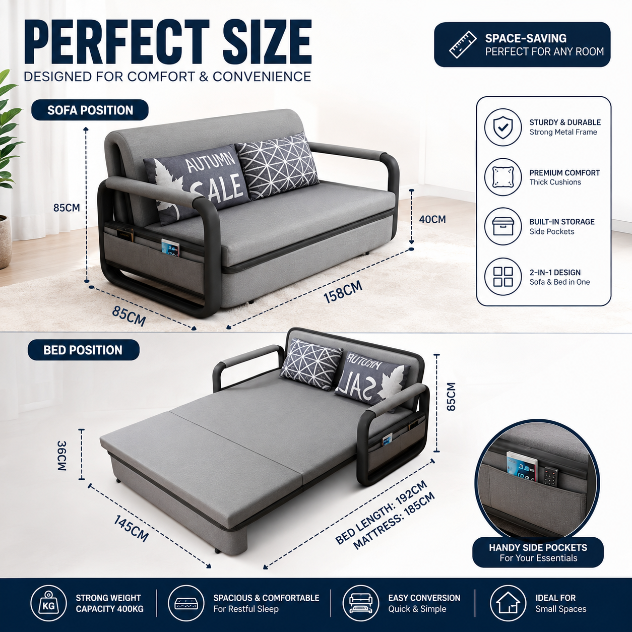 UNICORN FURNITURE Pull Out Sofa Bed with Storage – Convertible 2 Seater Sofa Bed, Reclining Sleeper Couch, Compact Space Saving Sofabed for Living Room, Guest Room & Small Spaces 158cm (Grey & Black)
