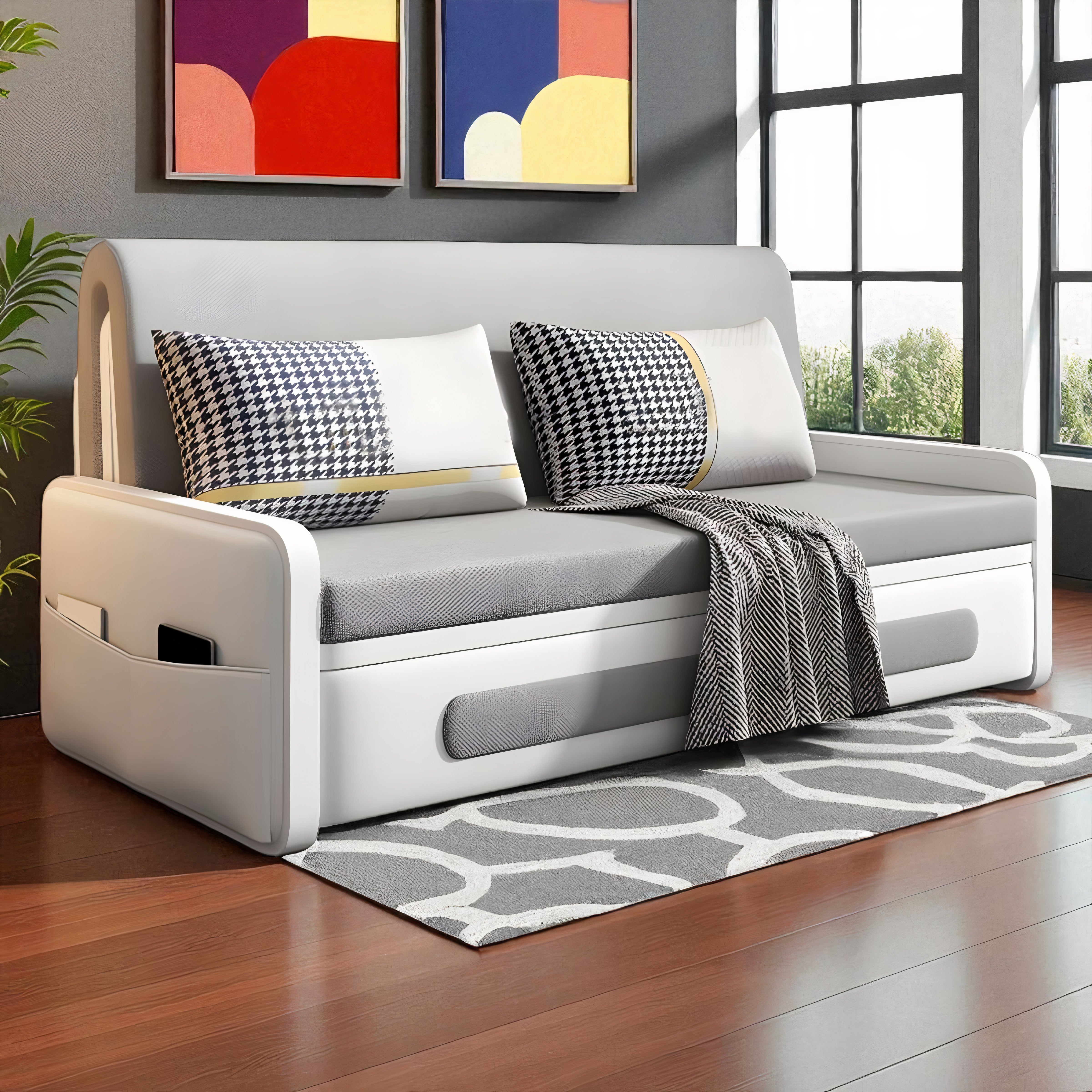 UNICORN FURNITURE Convertible Sleeper Sofa Bed Modern Reclining Foldable Bed Pull Out Sofa Bed With Storage Space Saving Multifunctional Sofabed (Light Grey & White)