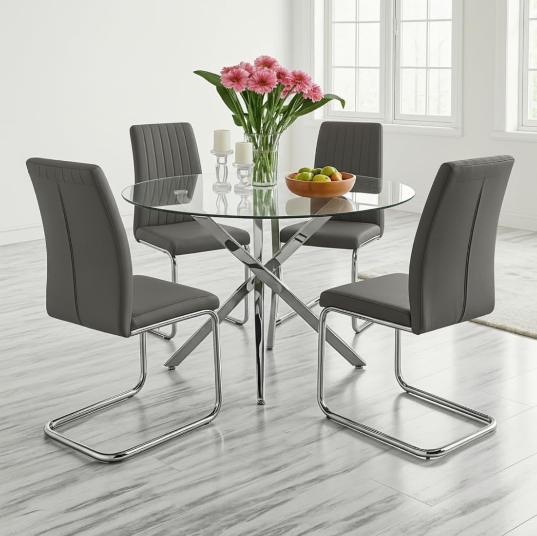 UNICORN FURNITURE Arezzo 100cm Round Glass Dining Table Set with 4 Faux Leather Chairs – Gold Chrome Table & Silver Chrome Legs