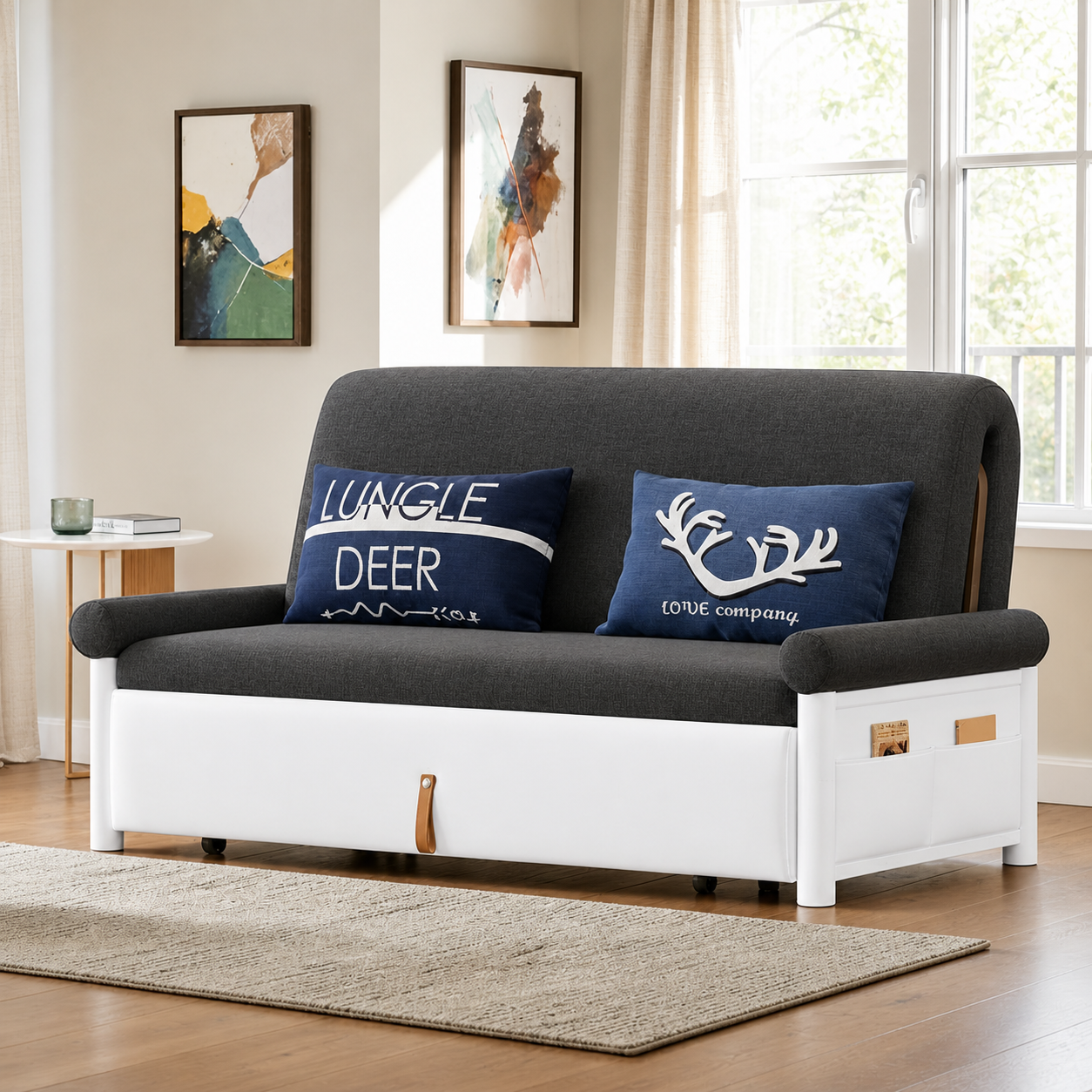 UNICORN FURNITURE Convertible Sofa Bed Double with Storage – 2 Seater Pull Out Sofa Bed, Modern Sofa Bed Double Sleeper Couch for Living Room, Guest Room & Small Spaces (Dark Grey)