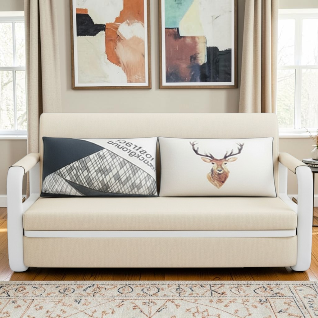 UNICORN FURNITURE Sofa Bed with Storage – Double Sofa Bed Pull Out, Convertible 2 Seater Sofa Bed, Reclining Sleeper Couch, Compact Space Saving Sofabed 158cm (Beige & White Frame)