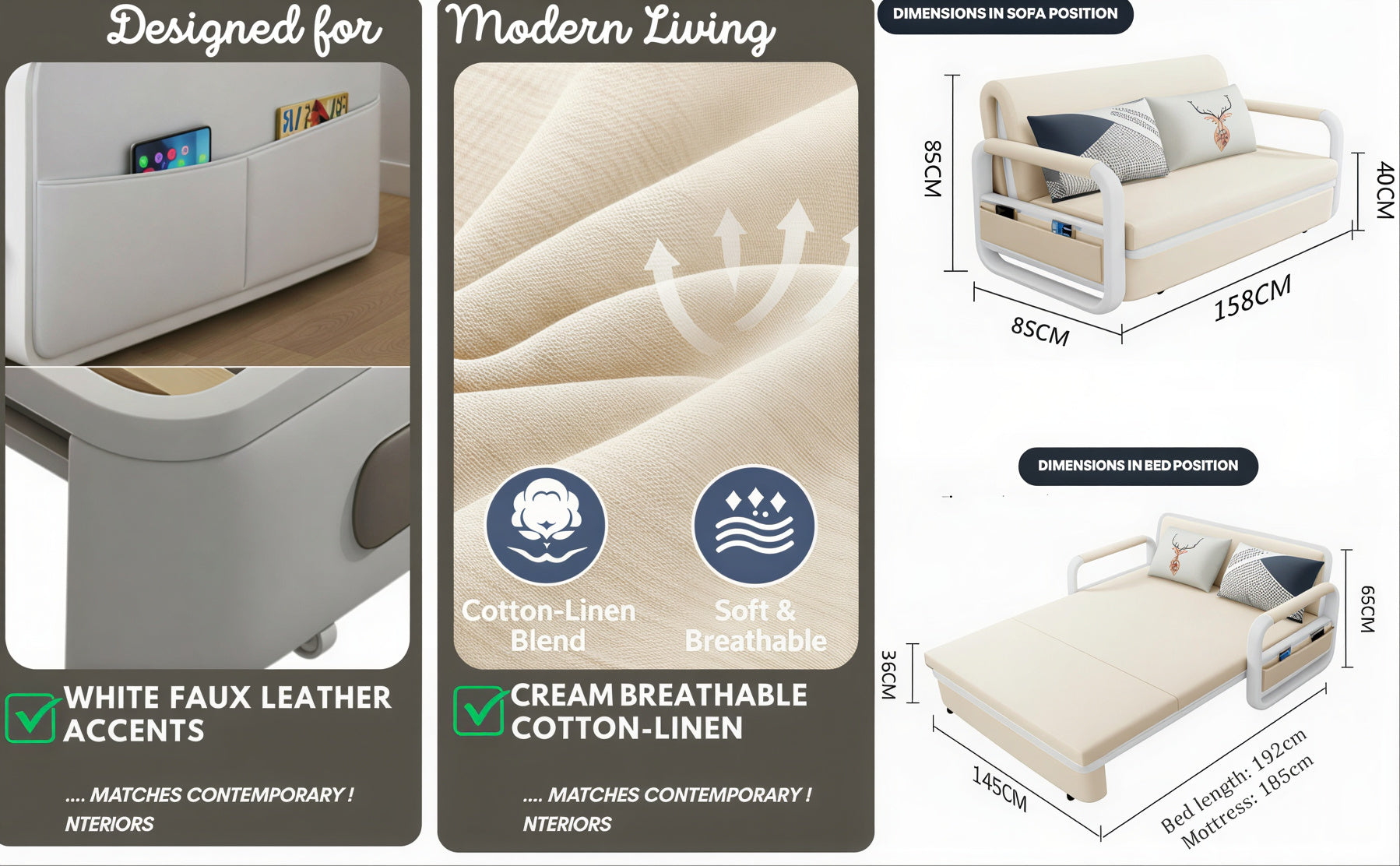 UNICORN FURNITURE Sofa Bed with Storage – Double Sofa Bed Pull Out, Convertible 2 Seater Sofa Bed, Reclining Sleeper Couch, Compact Space Saving Sofabed 158cm (Beige & White Frame)