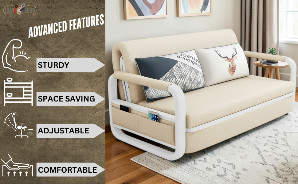 UNICORN FURNITURE Sofa Bed with Storage – Double Sofa Bed Pull Out, Convertible 2 Seater Sofa Bed, Reclining Sleeper Couch, Compact Space Saving Sofabed 158cm (Beige & White Frame)