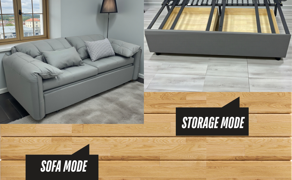 UNICORN FURNITURE Elephant-Style King Size Pull-Out Sofa Bed with Storage – Grey Leather Convertible Couch