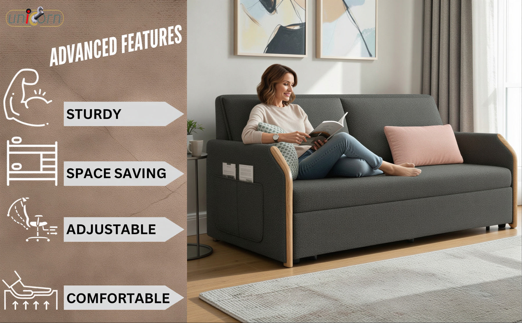 UNICORN FURNITURE Convertible Sofa Bed with Storage, King Size Pull Out Sofa Bed, 3 Seater Sofa Bed in Removable Cotton Fabric, Tool-Free Assembly Sofa Bed with Hidden Storage 170cm (Duck Egg Blue)
