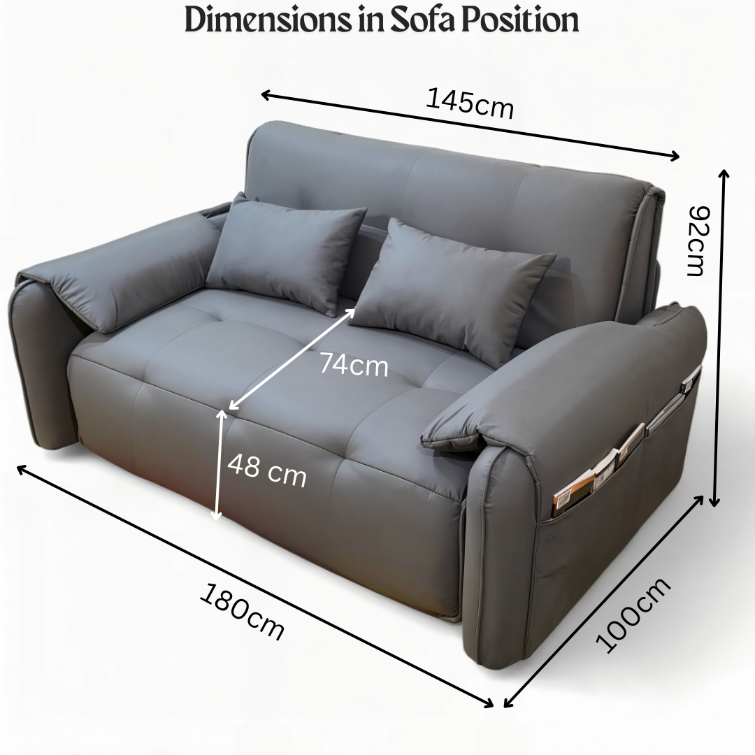 UNICORN FURNITURE Elephant Style Pull Out Sofa Bed Remote Control Recliner Motorised 3-Seater Pull Out Sofa Bed with Storage in Faux Leather with 5-Speed Adjustable Legrest, Ergonomic Support