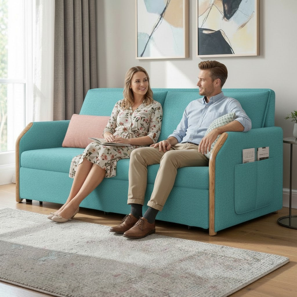 UNICORN FURNITURE Convertible Sofa Bed with Storage, King Size Pull Out Sofa Bed, 3 Seater Sofa Bed in Removable Cotton Fabric, Tool-Free Assembly Sofa Bed with Hidden Storage 170cm (Duck Egg Blue)