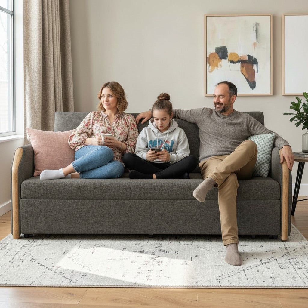 UNICORN FURNITURE Convertible Sofa Bed with Storage, King Size Pull Out Sofa Bed, 3 Seater Sofa Bed in Removable Cotton Fabric, Tool-Free Assembly Sofa Bed with Hidden Storage 170cm (Beige)