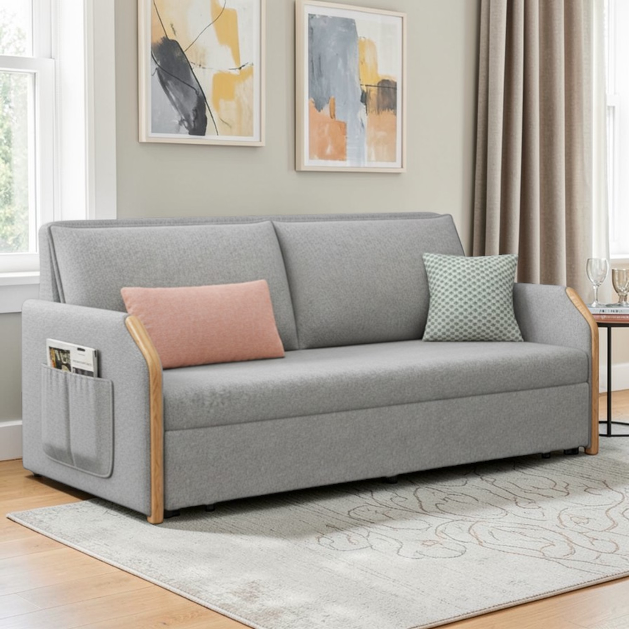 UNICORN FURNITURE Convertible Sofa Bed with Storage, King Size Pull Out Sofa Bed, 3 Seater Sofa Bed in Removable Cotton Fabric, Tool-Free Assembly Sofa Bed with Hidden Storage 170cm (Glacier Grey)
