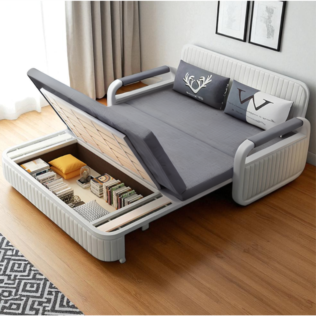 Unicorn Furniture Sofa Bed Modern Foldable Reclining Sleeper Bed Pull Out SofaBed with Storage Upholstered in Grey Cotton Linen & White Leather