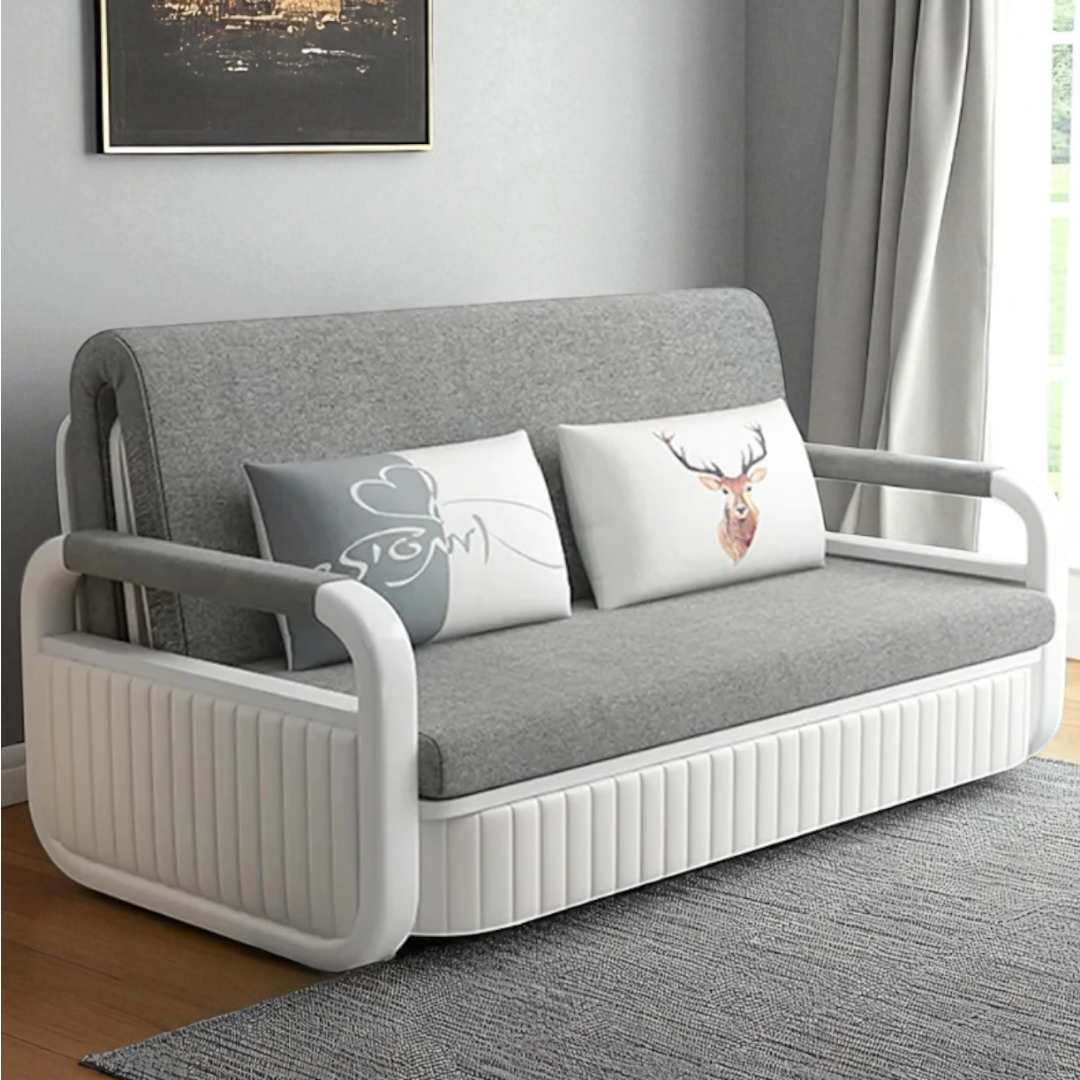 Unicorn Furniture Sofa Bed Modern Foldable Reclining Sleeper Bed Pull Out SofaBed with Storage Upholstered in Grey Cotton Linen & White Leather