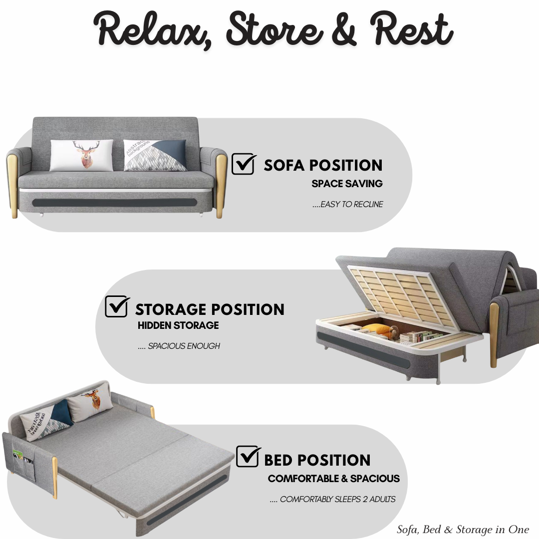 UNICORN FURNITURE Convertible Sleeper Sofa Bed Modern Reclining Foldable Bed Pull Out Sofa Bed With Storage Space Saving Multifunctional Sofabed (Grey/White Padded Armrests)