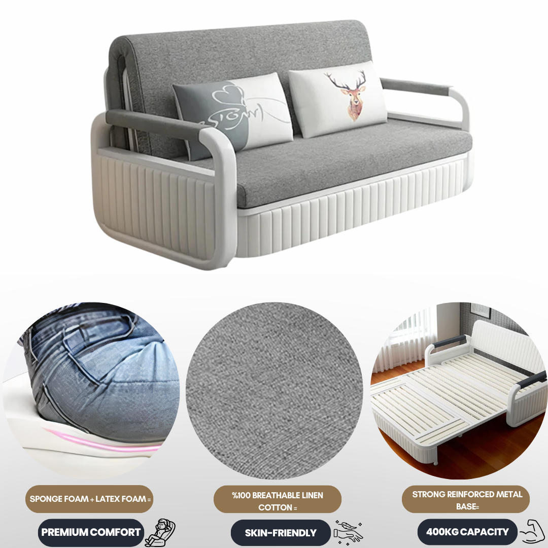 Unicorn Furniture Sofa Bed Modern Foldable Reclining Sleeper Bed Pull Out SofaBed with Storage Upholstered in Grey Cotton Linen & White Leather