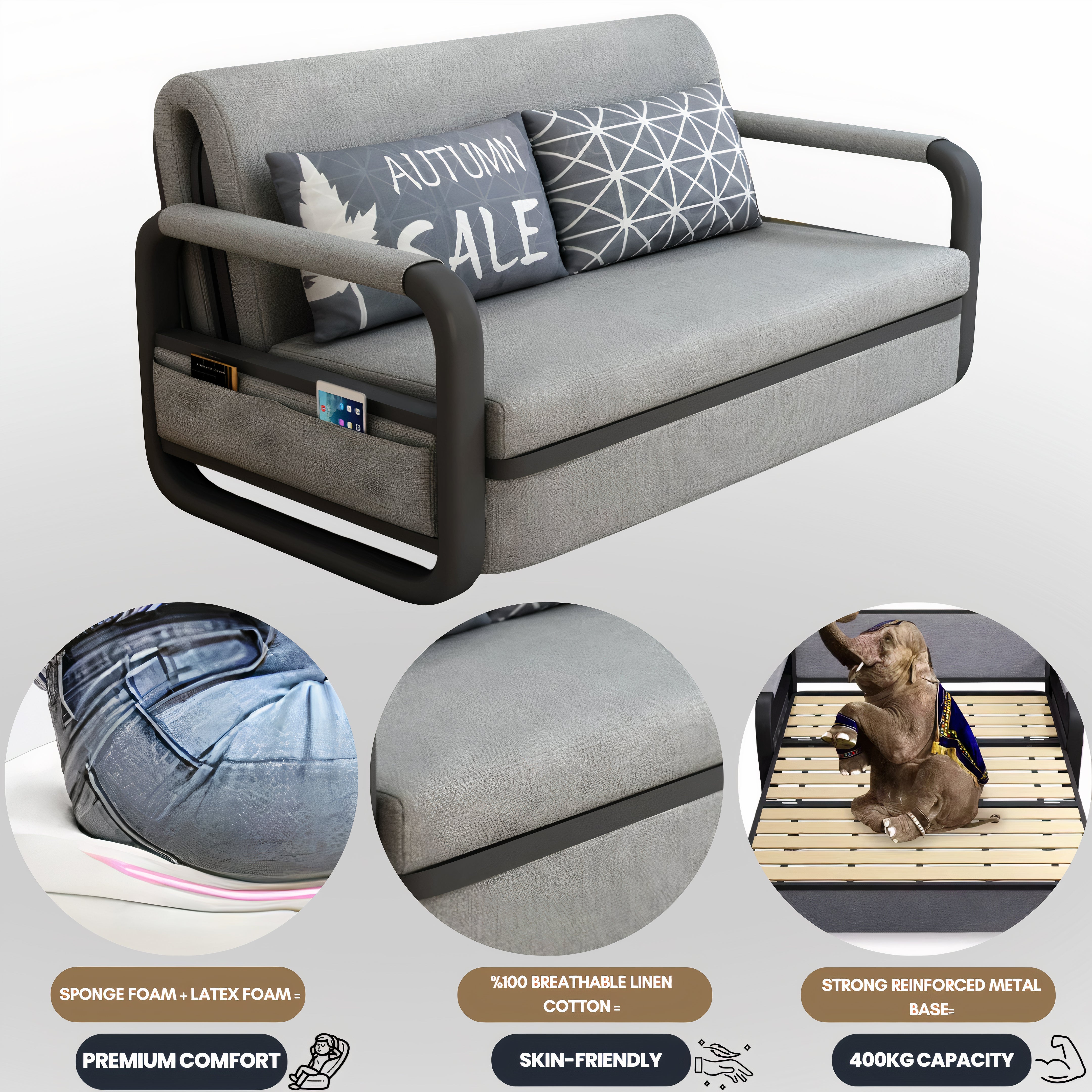 UNICORN FURNITURE Pull Out Sofa Bed with Storage – Convertible Reclining Compact Space Saving Sofabed for Small Spaces 158cm( Grey & Black)