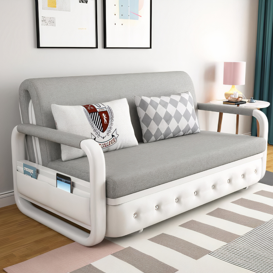 Unicorn Furniture Sofa Bed - Modern Foldable Bed Pull Out Sofa Bed with Storage Sofabed (grey fabric on white leather)