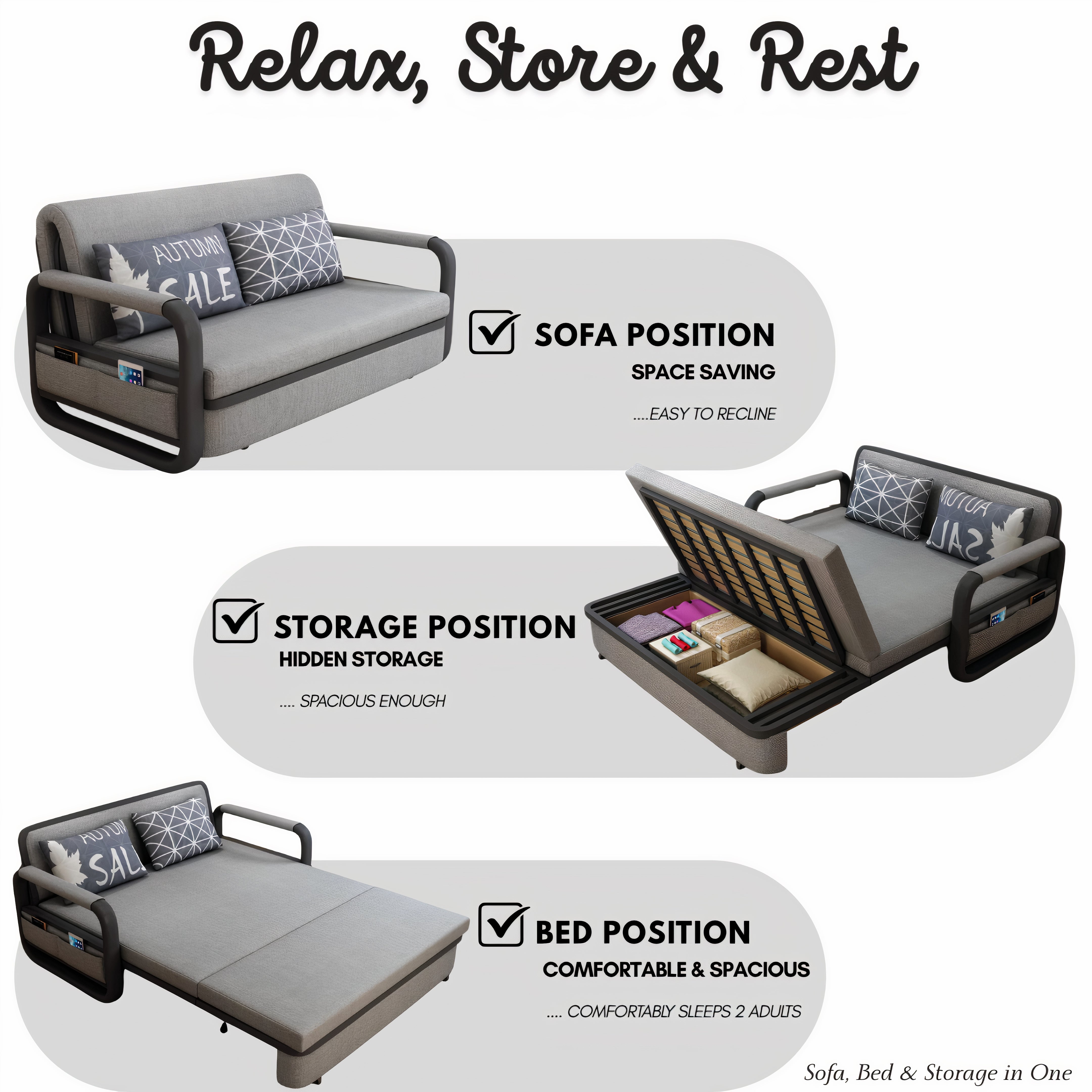 UNICORN FURNITURE Pull Out Sofa Bed with Storage – Convertible Reclining Compact Space Saving Sofabed for Small Spaces 158cm( Grey & Black)