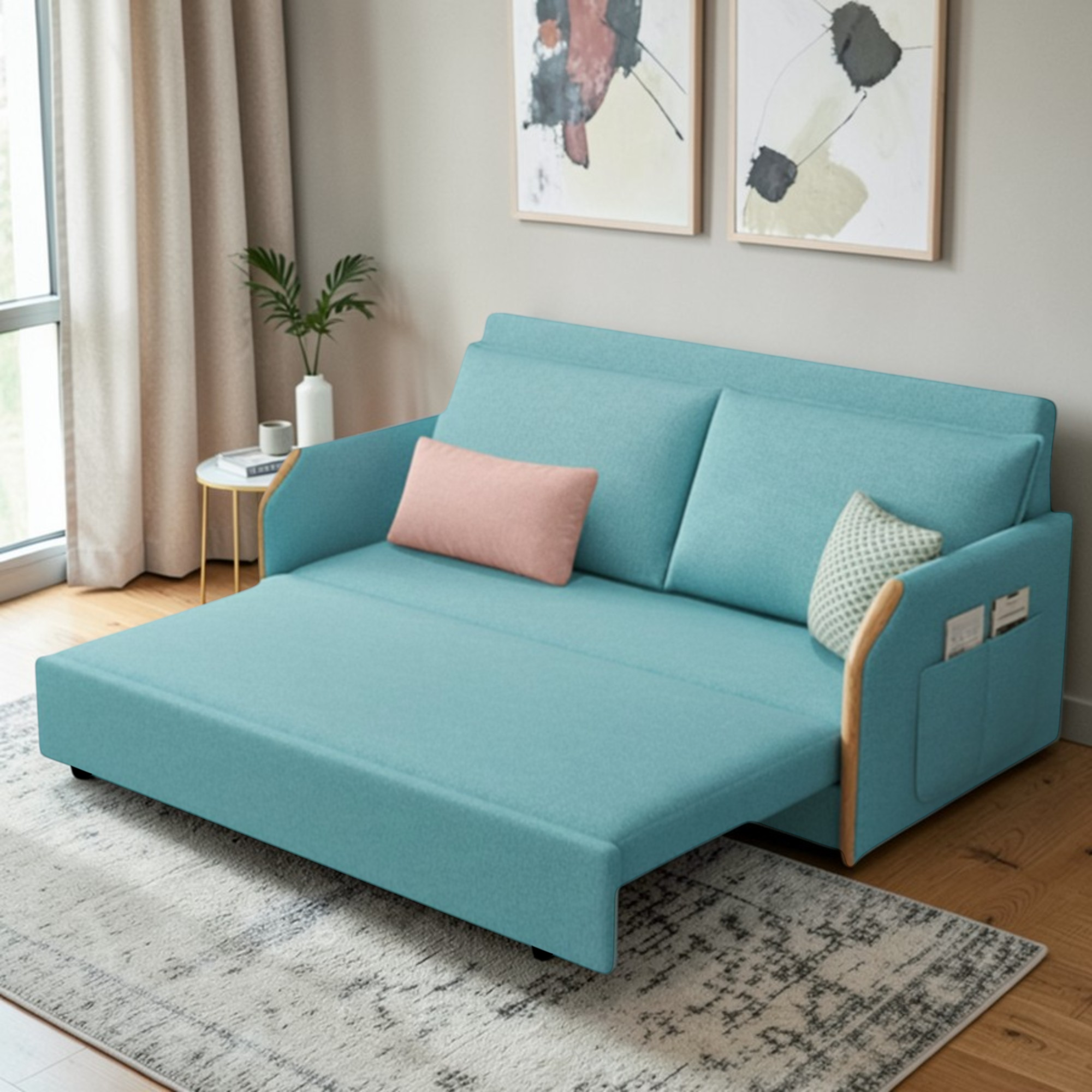 UNICORN FURNITURE Convertible Sofa Bed with Storage, King Size Pull Out Sofa Bed, 3 Seater Sofa Bed in Removable Cotton Fabric, Tool-Free Assembly Sofa Bed with Hidden Storage 170cm (Duck Egg Blue)