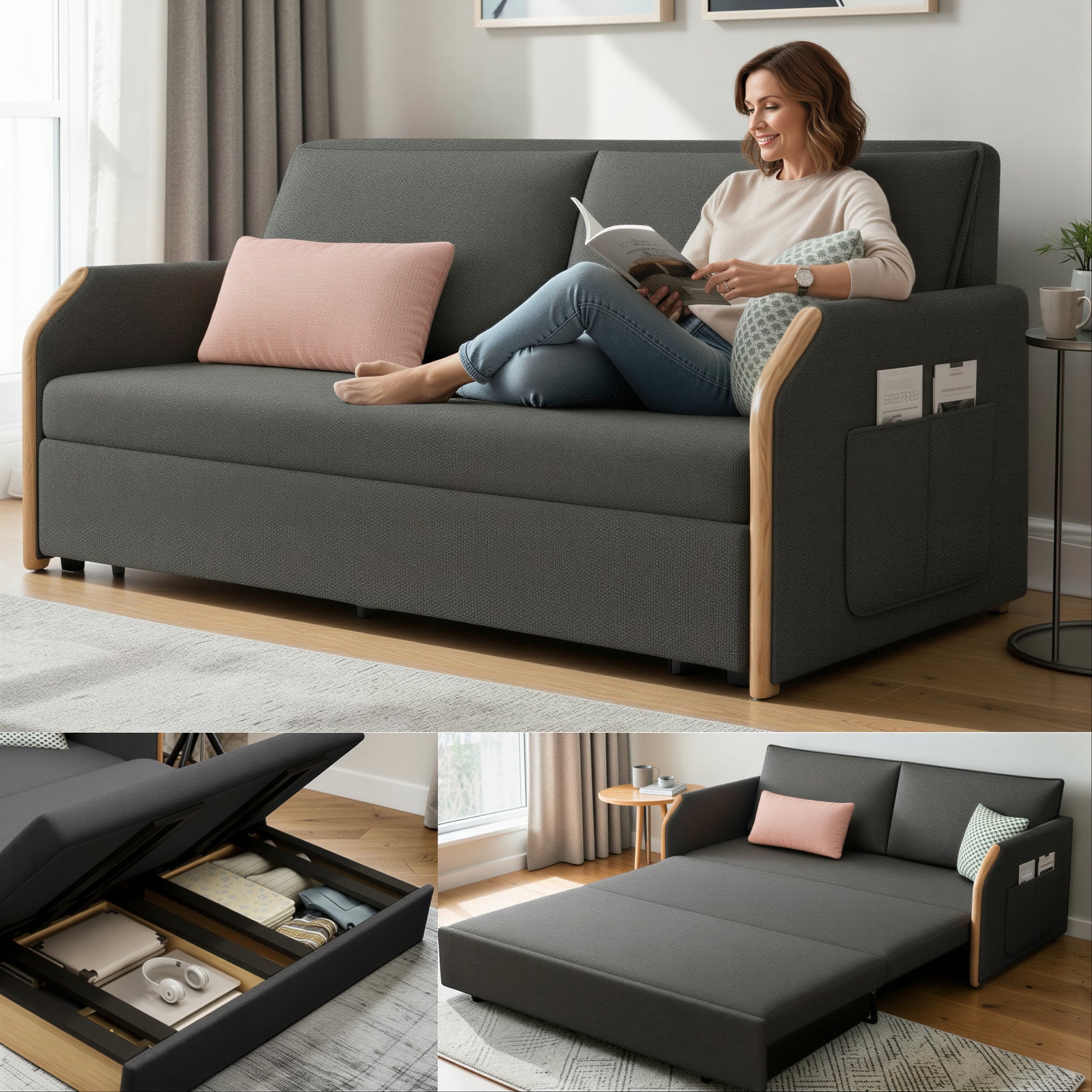 UNICORN FURNITURE Convertible Sofa Bed with Storage, King Size Pull Out Sofa Bed, 3 Seater Sofa Bed in Removable Cotton Fabric, Tool-Free Assembly Sofa Bed with Hidden Storage 170cm (Dark Grey)