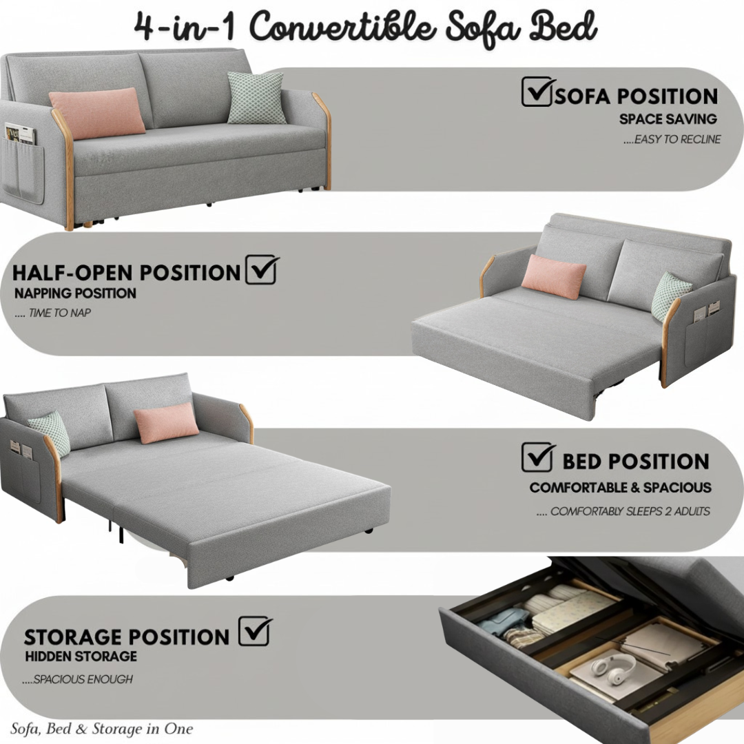 UNICORN FURNITURE Convertible Sofa Bed with Storage, King Size Pull Out Sofa Bed, 3 Seater Sofa Bed in Removable Cotton Fabric, Tool-Free Assembly Sofa Bed with Hidden Storage 170cm (Glacier Grey)