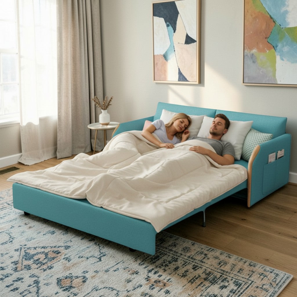 UNICORN FURNITURE Convertible Sofa Bed with Storage, King Size Pull Out Sofa Bed, 3 Seater Sofa Bed in Removable Cotton Fabric, Tool-Free Assembly Sofa Bed with Hidden Storage 170cm (Duck Egg Blue)