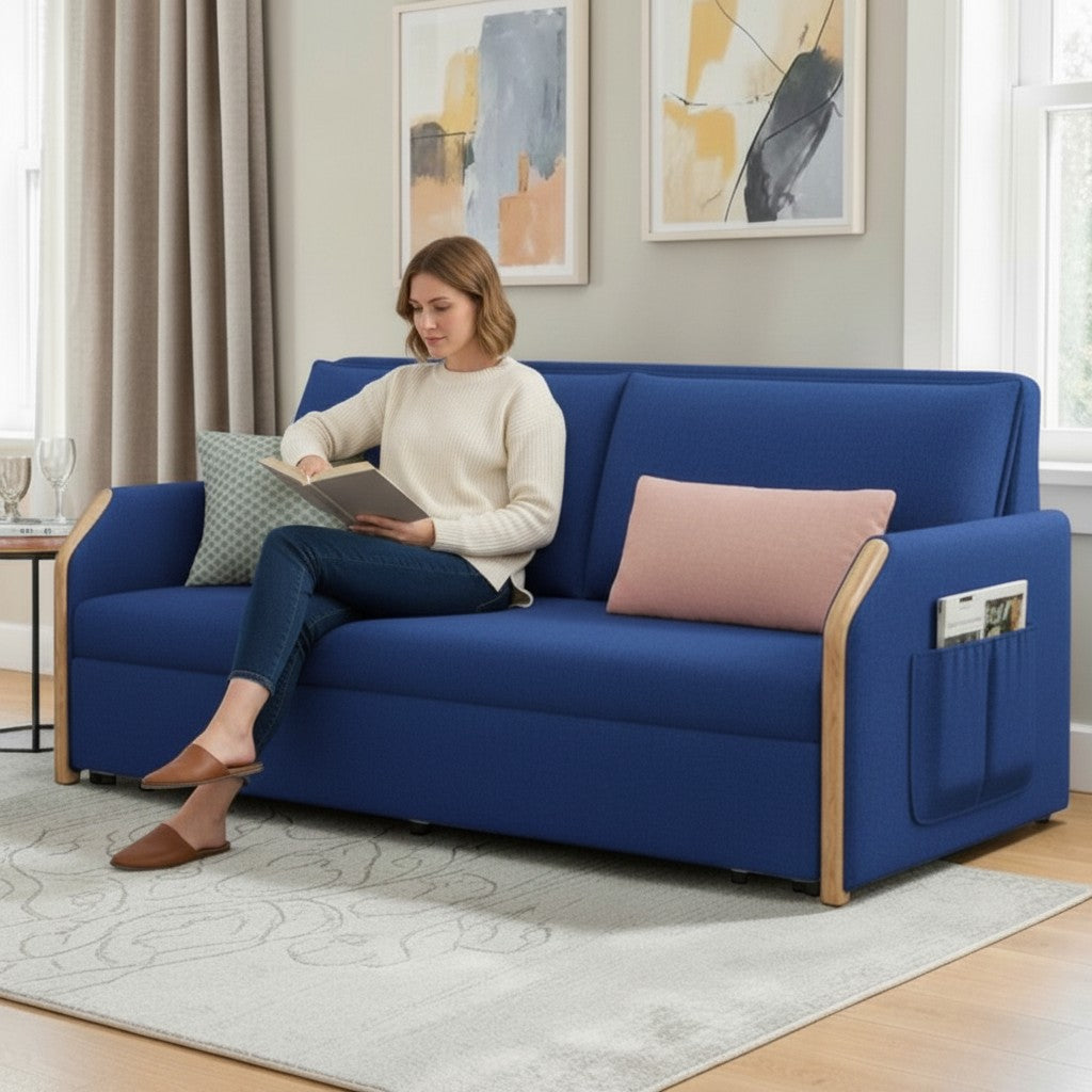 UNICORN FURNITURE Convertible Sofa Bed with Storage, King Size Pull Out Sofa Bed, 3 Seater Sofa Bed in Removable Cotton Fabric, Tool-Free Assembly Sofa Bed with Hidden Storage 170cm (Blue)