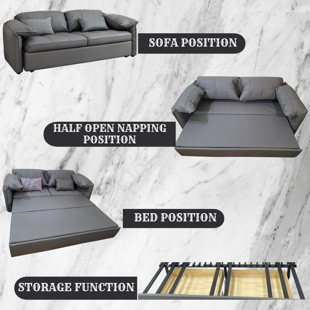 UNICORN FURNITURE Elephant-Style King Size Pull-Out Sofa Bed with Storage – Grey Leather Convertible Couch