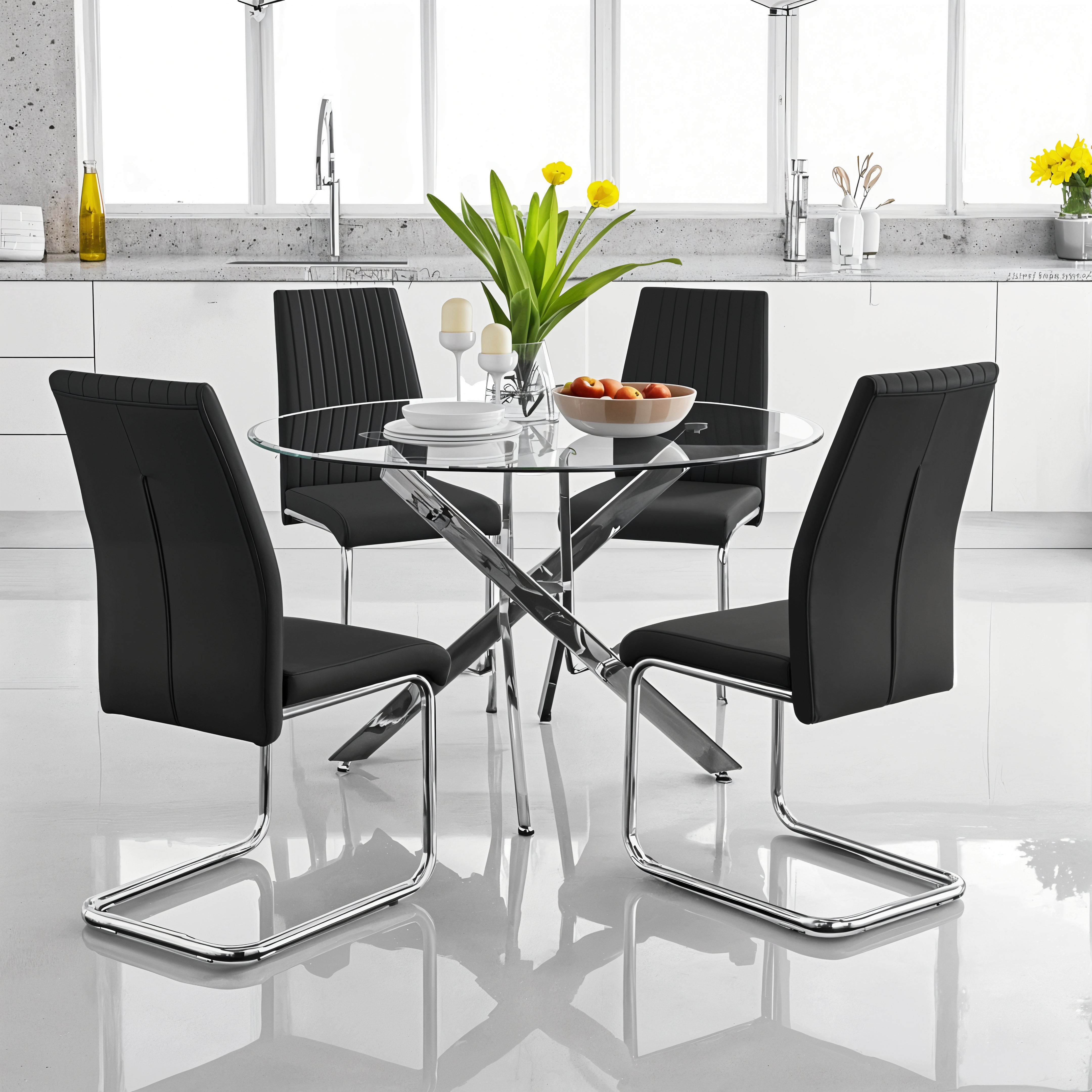 UNICORN FURNITURE 100cm Round Glass Dining Table Set with 4 Faux Leather Chairs – Modern Chrome Nest Design, Tempered Glass Top, for Kitchen & Dining Room