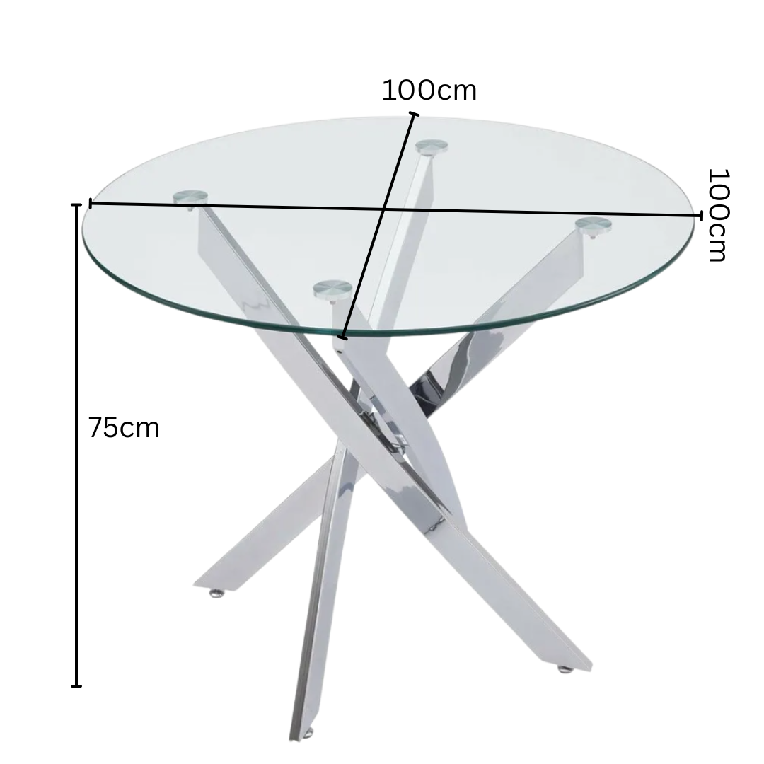 UNICORN FURNITURE 100cm Round Glass Dining Table Set with 4 Faux Leather Chairs – Modern Chrome Nest Design, Tempered Glass Top, for Restaurant Furniture Set - Kitchen & Dining Room