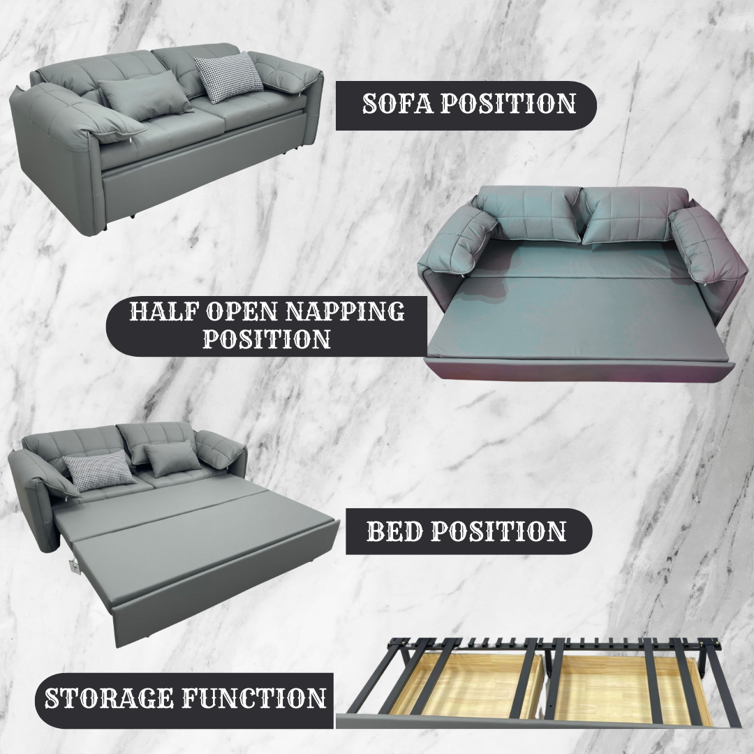 UNICORN FURNITURE Elephant-Style King Size Pull-Out Sofa Bed with Storage – Grey Leather Convertible Couch