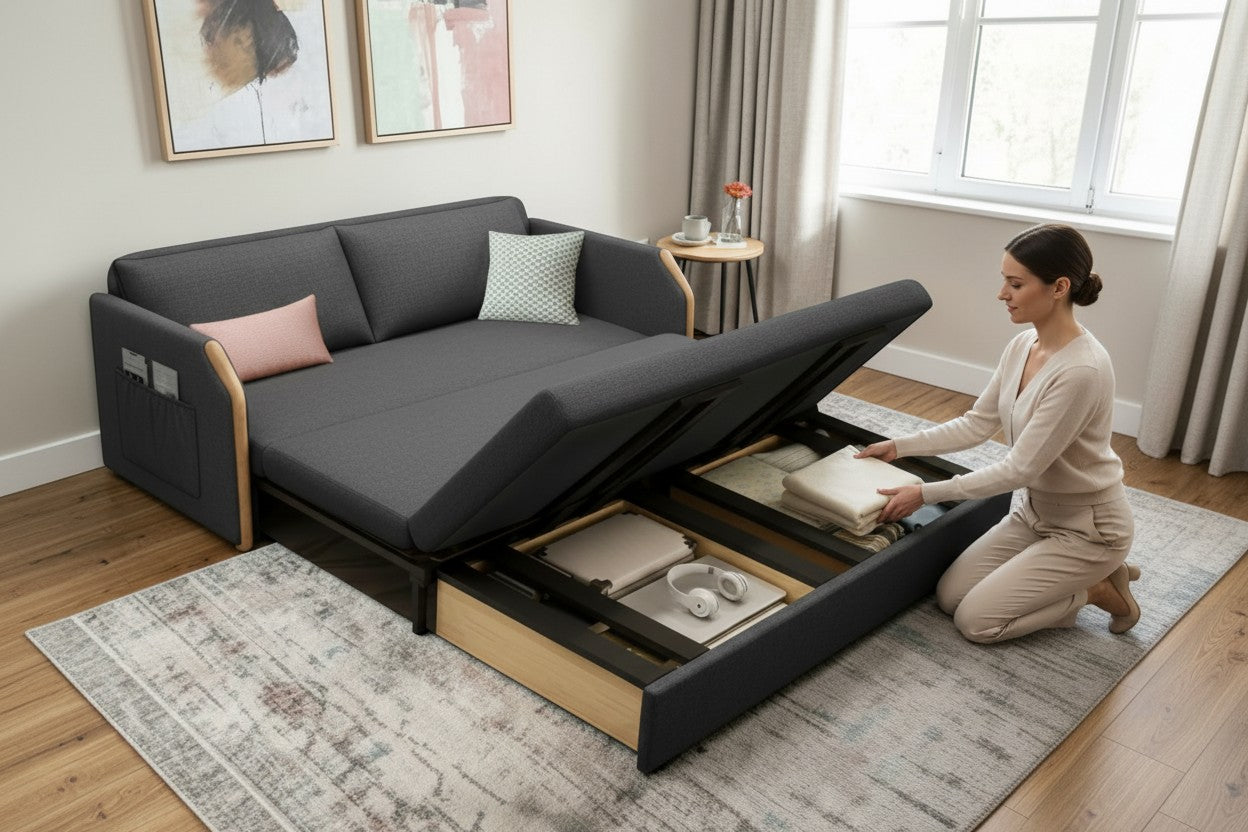 UNICORN FURNITURE Convertible Sofa Bed with Storage, King Size Pull Out Sofa Bed, 3 Seater Sofa Bed in Removable Cotton Fabric, Tool-Free Assembly Sofa Bed with Hidden Storage 170cm (Duck Egg Blue)