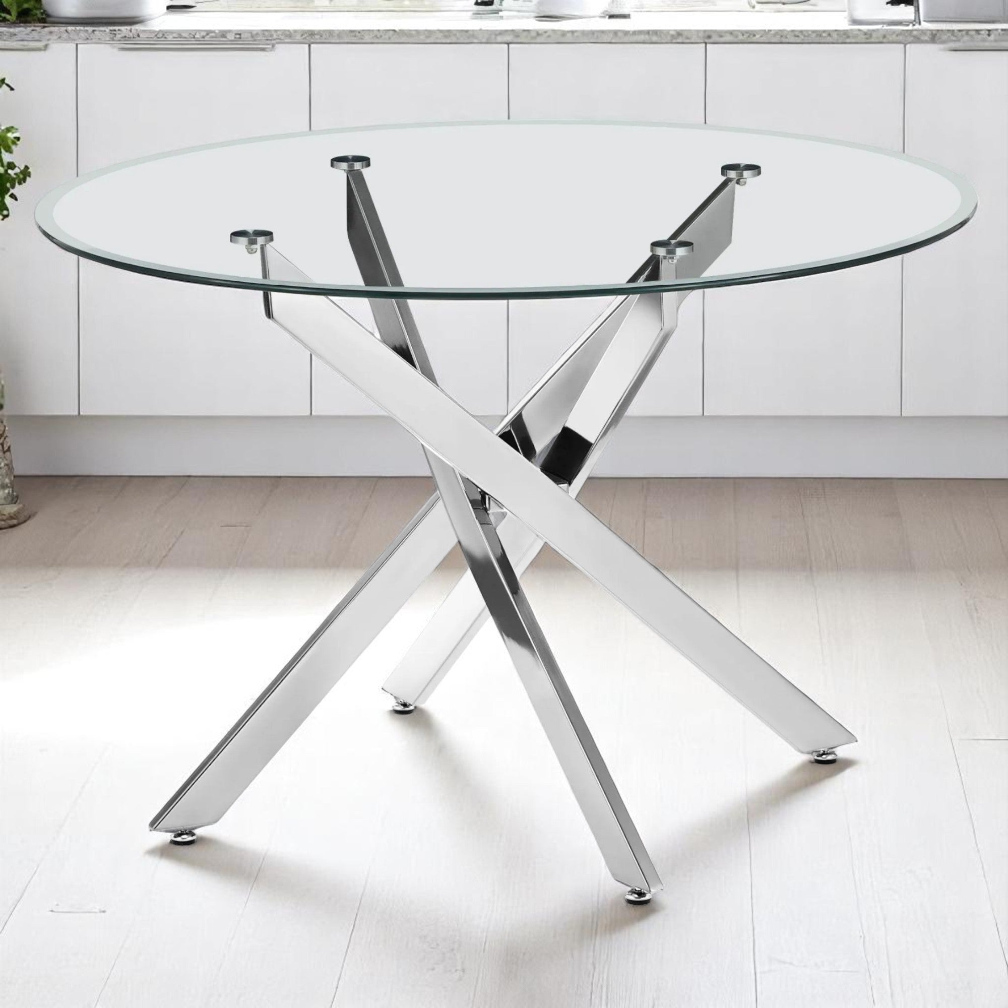 UNICORN FURNITURE 100cm Round Glass Dining Table Set with 4 Faux Leather Chairs – Modern Chrome Nest Design, Tempered Glass Top, for Restaurant Furniture Set - Kitchen & Dining Room