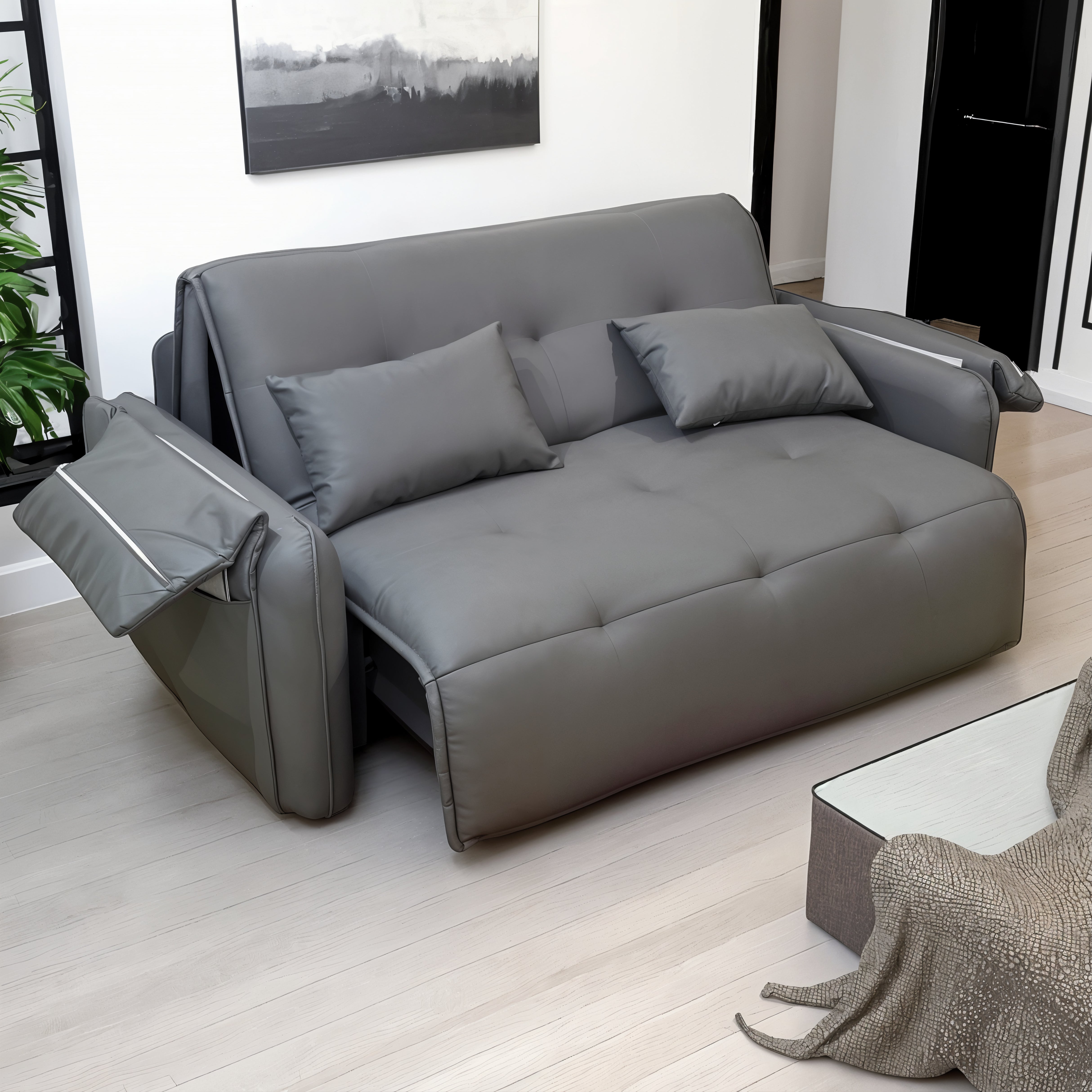 UNICORN FURNITURE Elephant Style Pull Out Sofa Bed Remote Control Recliner Motorised 3-Seater Pull Out Sofa Bed with Storage in Faux Leather with 5-Speed Adjustable Legrest, Ergonomic Support