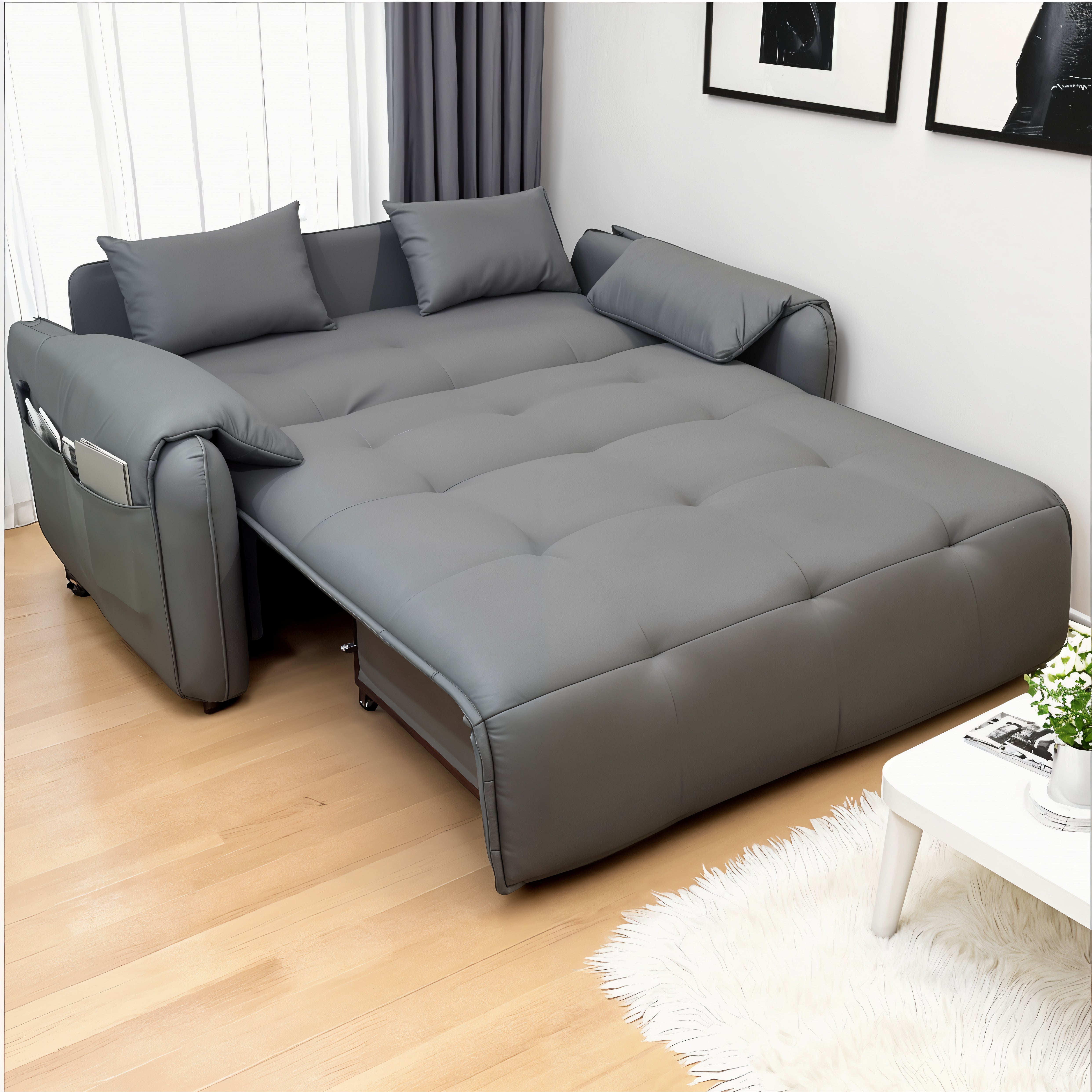 UNICORN FURNITURE Elephant Style Pull Out Sofa Bed Remote Control Recliner Motorised 3-Seater Pull Out Sofa Bed with Storage in Faux Leather with 5-Speed Adjustable Legrest, Ergonomic Support