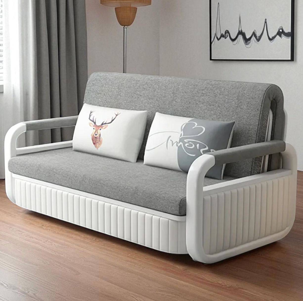 Unicorn Furniture Sofa Bed Modern Foldable Reclining Sleeper Bed Pull Out SofaBed with Storage Upholstered in Grey Cotton Linen & White Leather