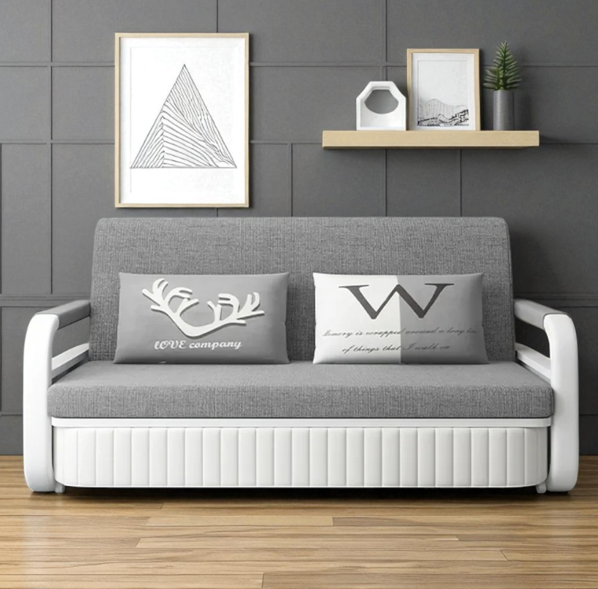 Unicorn Furniture Sofa Bed Modern Foldable Reclining Sleeper Bed Pull Out SofaBed with Storage Upholstered in Grey Cotton Linen & White Leather