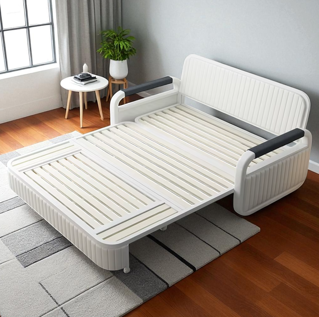 Unicorn Furniture Sofa Bed Modern Foldable Reclining Sleeper Bed Pull Out SofaBed with Storage Upholstered in Grey Cotton Linen & White Leather