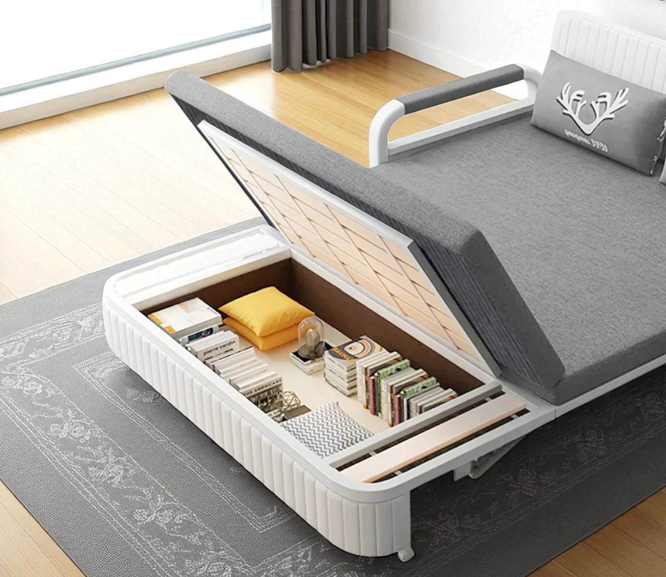 Unicorn Furniture Sofa Bed Modern Foldable Reclining Sleeper Bed Pull Out SofaBed with Storage Upholstered in Grey Cotton Linen & White Leather