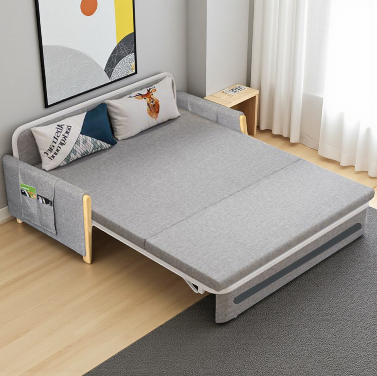 UNICORN FURNITURE Convertible Sleeper Sofa Bed Modern Reclining Foldable Bed Pull Out Sofa Bed With Storage Space Saving Multifunctional Sofabed (Grey/White Padded Armrests)