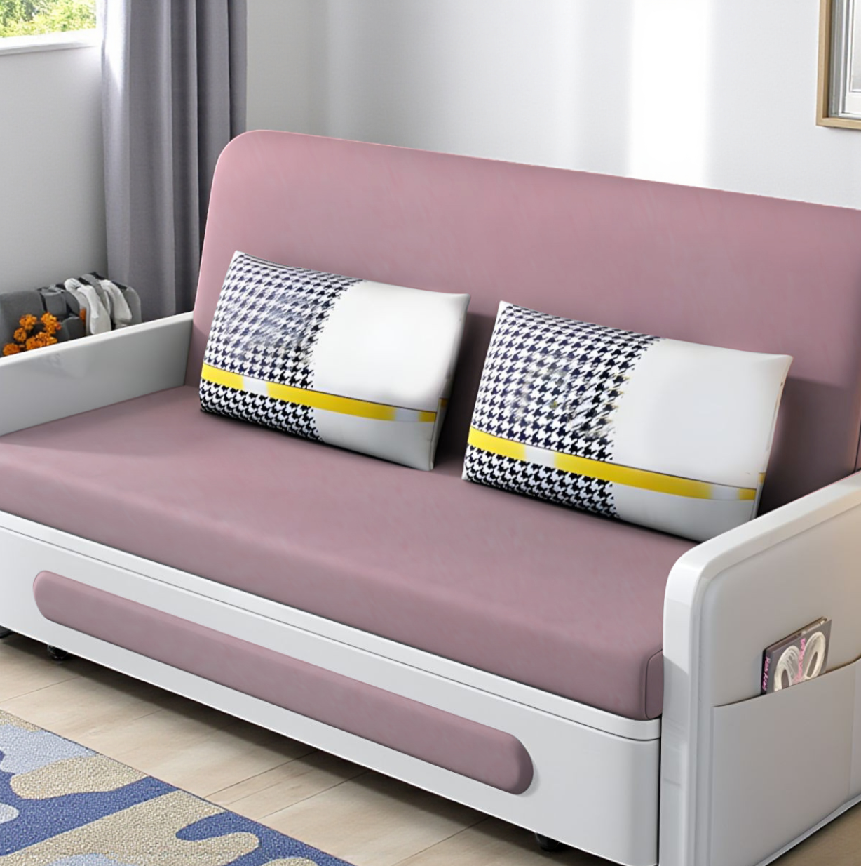 UNICORN FURNITURE Convertible Sleeper Sofa Bed Modern Reclining Foldable Bed Pull Out Sofa Bed With Storage Space Saving Multifunctional Sofabed (Pink & White)
