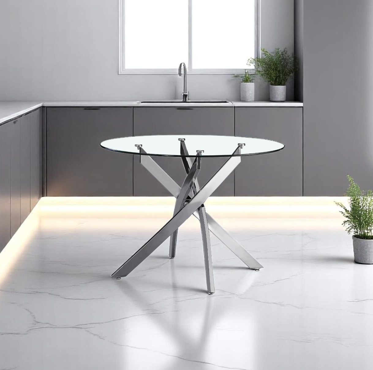 UNICORN FURNITURE 100cm Round Glass Dining Table Set with 4 Faux Leather Chairs – Modern Chrome Nest Design, Tempered Glass Top, for Kitchen & Dining Room