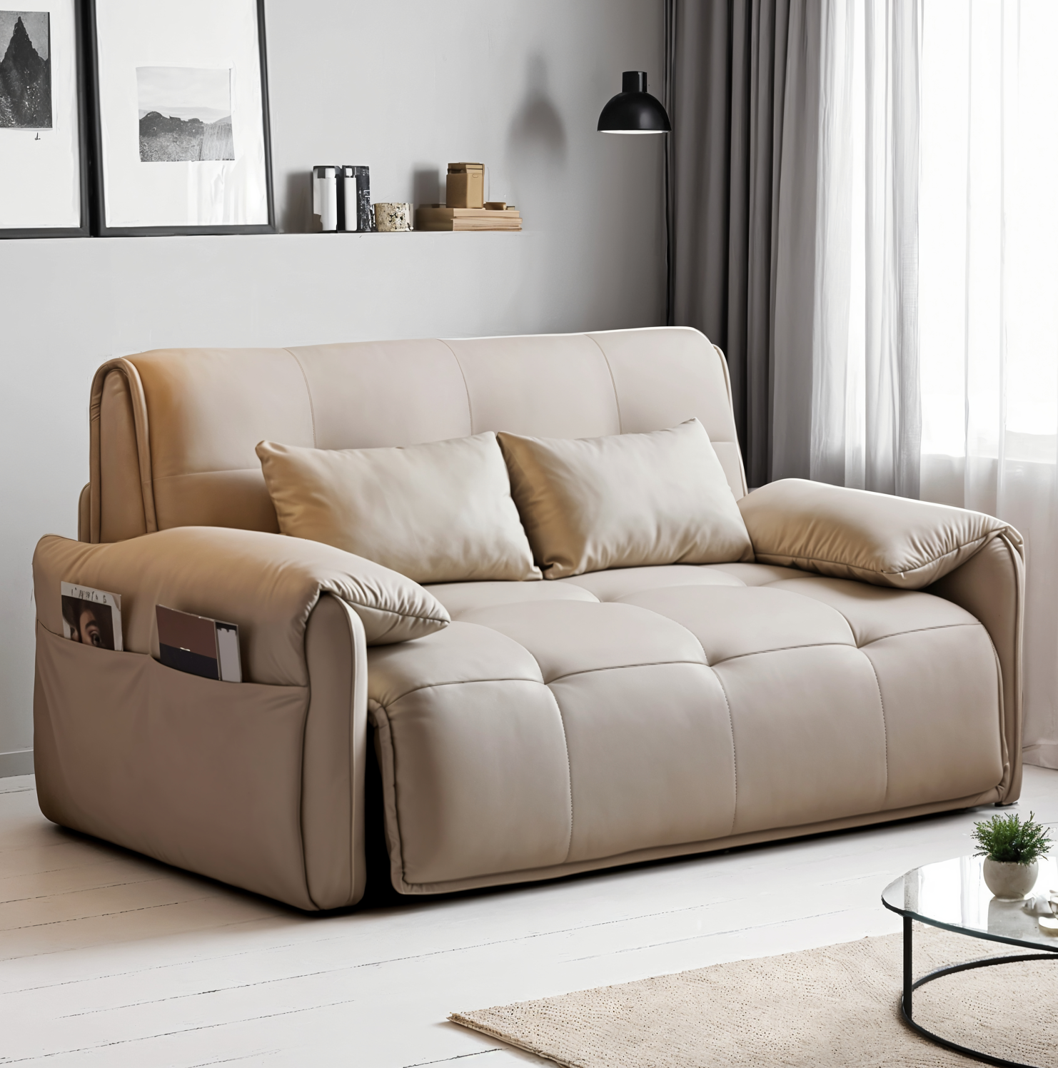 UNICORN FURNITURE Elephant Style Pull Out Sofa Bed Remote Control Recliner Motorised 3-Seater Pull Out Sofa Bed with Storage in Faux Leather with 5-Speed Adjustable Legrest, Ergonomic Support