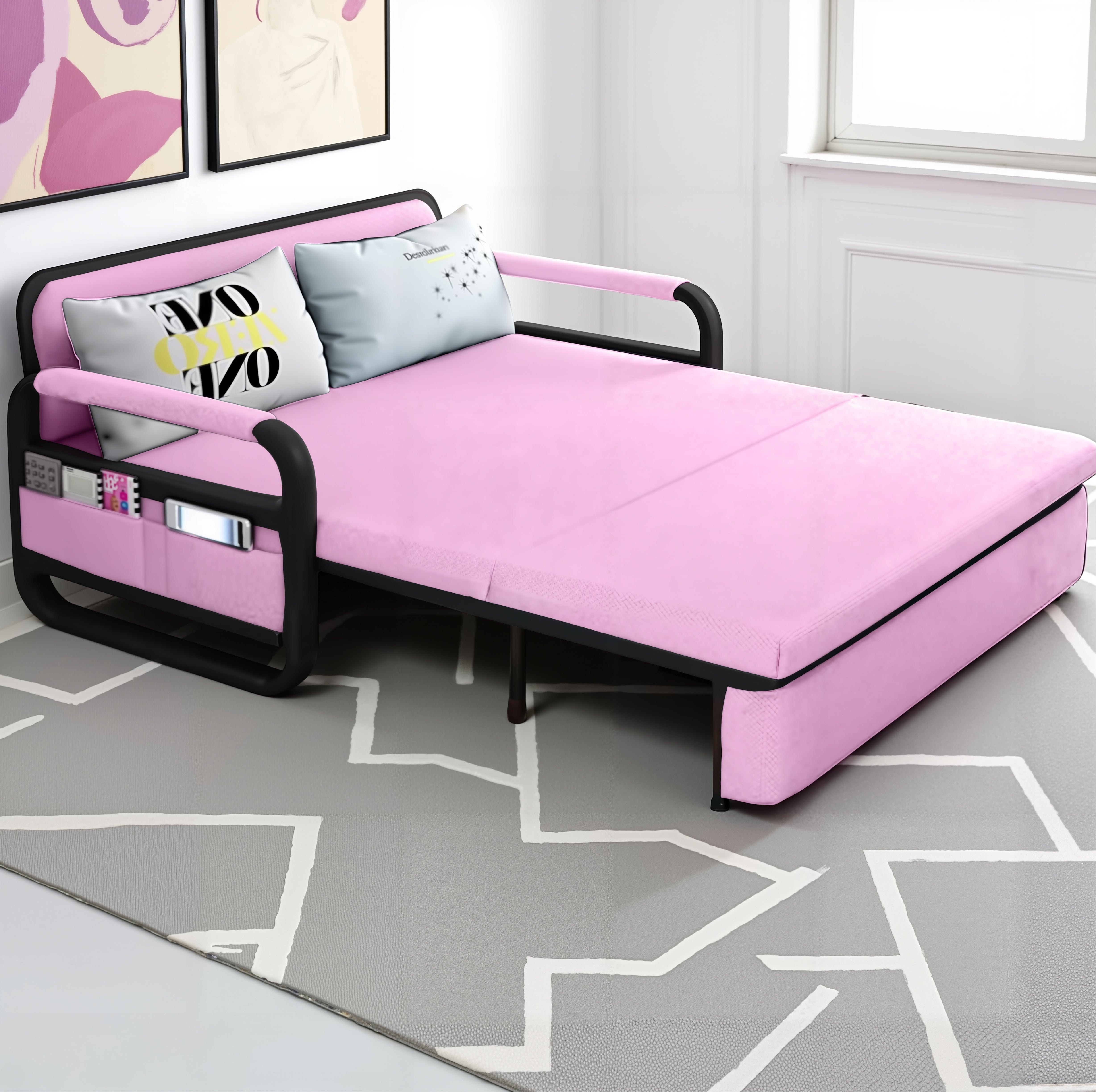UNICORN FURNITURE Pull Out Sofa Bed with Storage – Convertible Reclining Compact Space Saving Sofabed for Small Spaces 158cm( Pink & Black)
