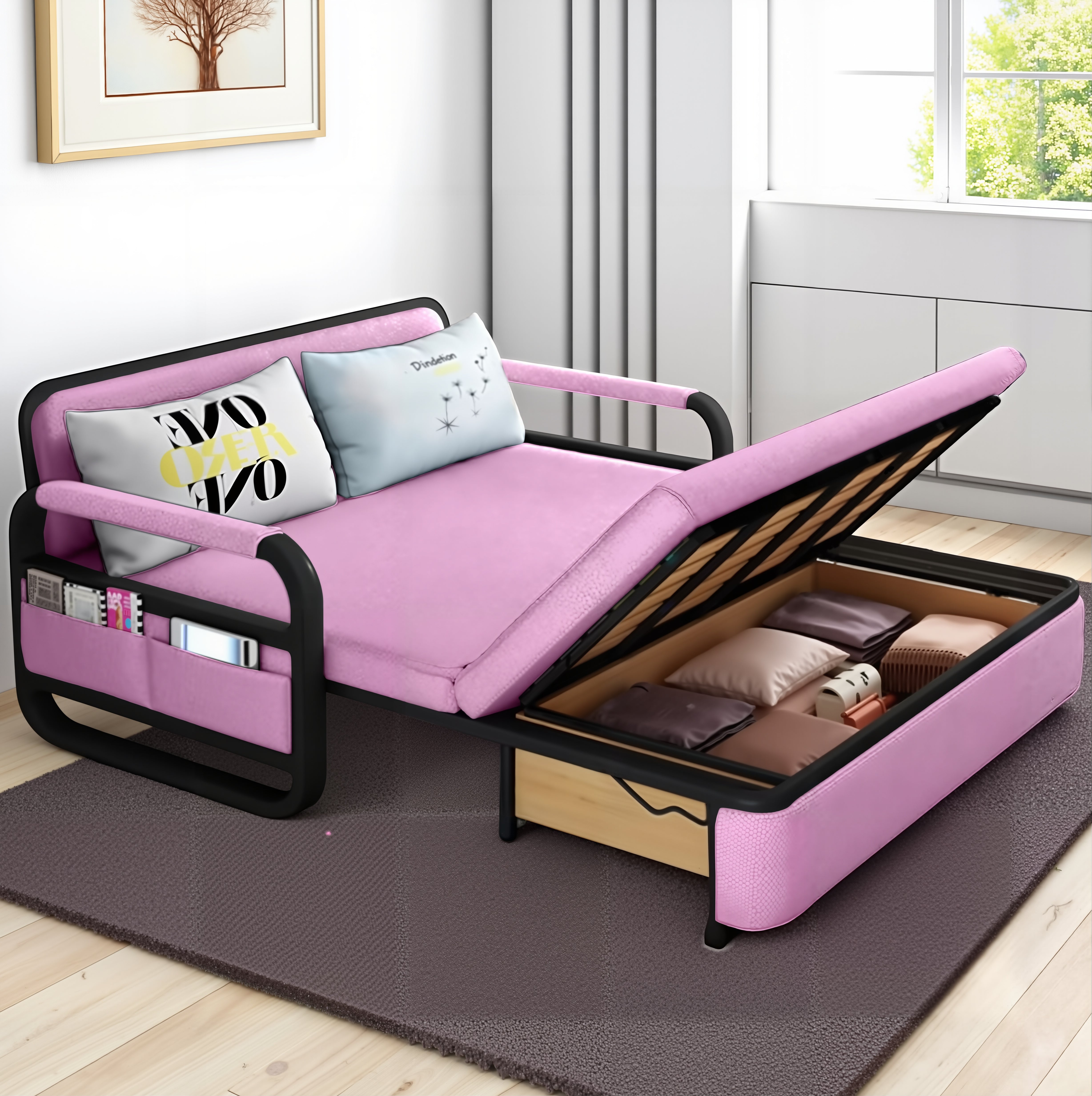 UNICORN FURNITURE Pull Out Sofa Bed with Storage – Convertible Reclining Compact Space Saving Sofabed for Small Spaces 158cm( Pink & Black)
