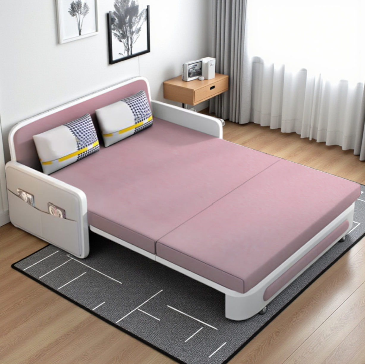 UNICORN FURNITURE Convertible Sleeper Sofa Bed Modern Reclining Foldable Bed Pull Out Sofa Bed With Storage Space Saving Multifunctional Sofabed (Pink & White)