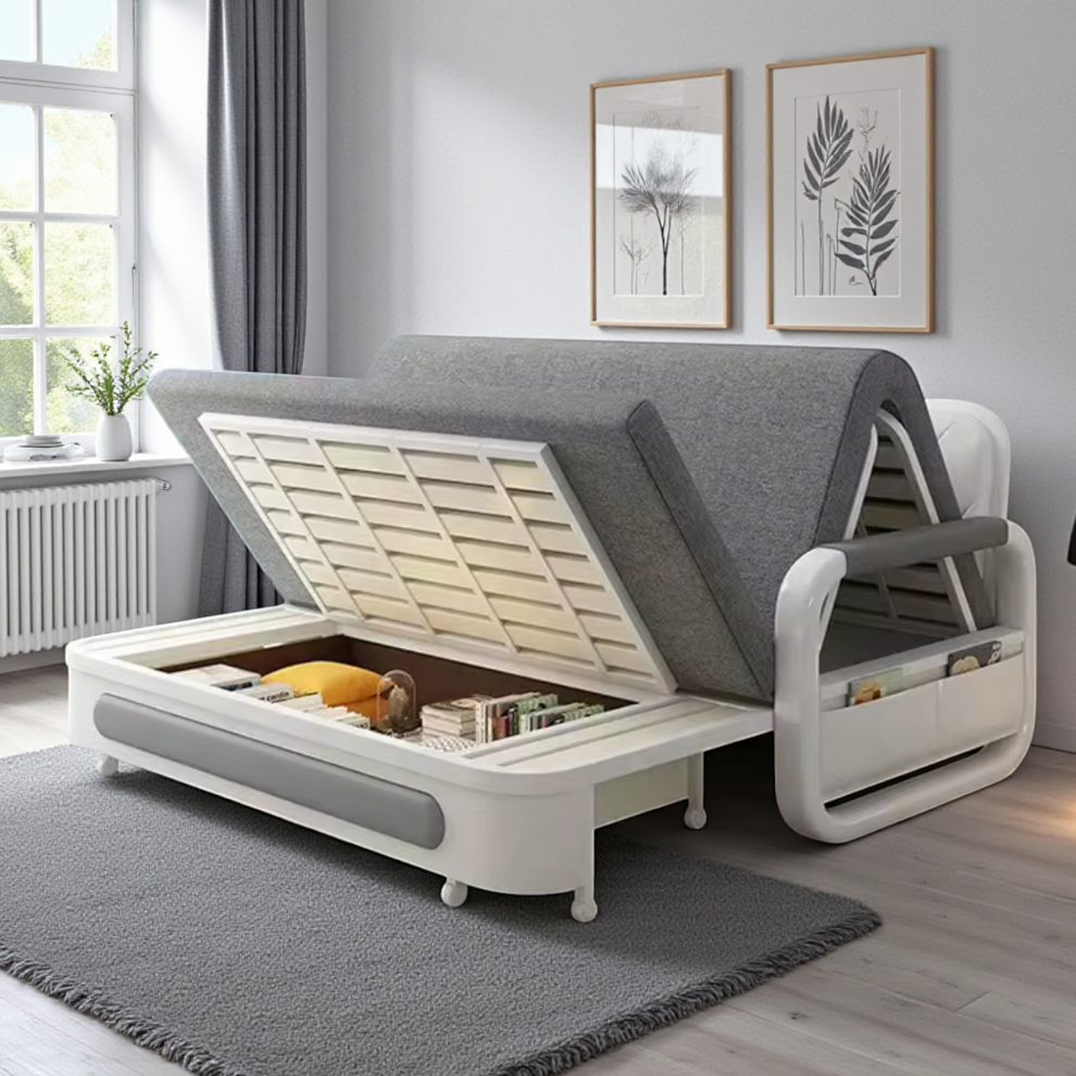 UNICORN FURNITURE Double Pull-Out Sofa Bed with Storage (158cm) – Grey Fabric + White Faux Leather | Convertible Sleeper Sofa Bed for Small Spaces