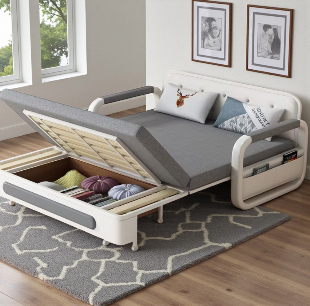 UNICORN FURNITURE Double Pull-Out Sofa Bed with Storage (158cm) – Grey Fabric + White Faux Leather | Convertible Sleeper Sofa Bed for Small Spaces