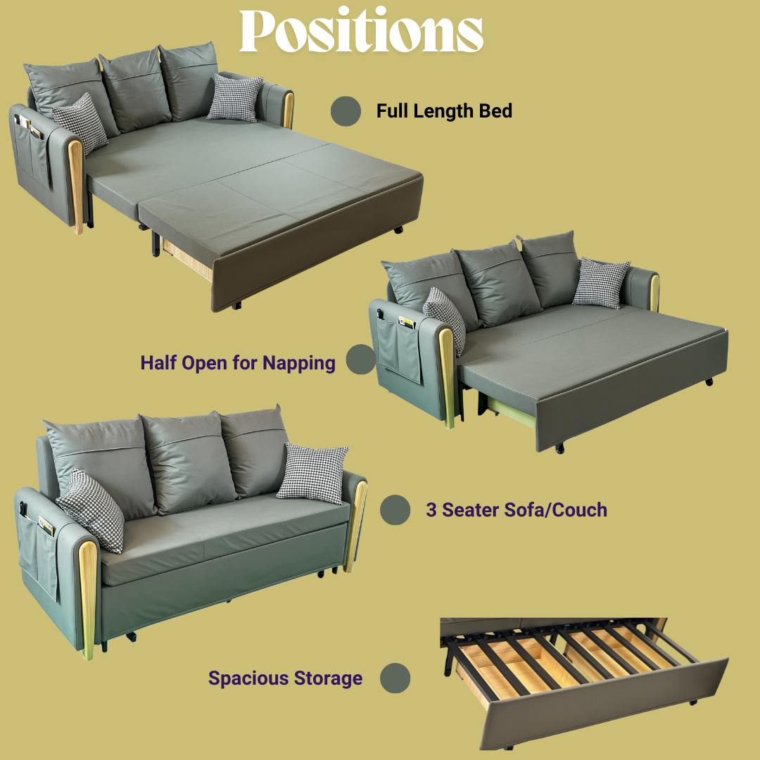 UNICORN FURNITURE Sofa Bed Modern Reclining Foldable Bed Pull Out Sofa Bed with Storage Multifunctional Convertible Space Saving Sofabed in Breathable Leathaire Fabric
