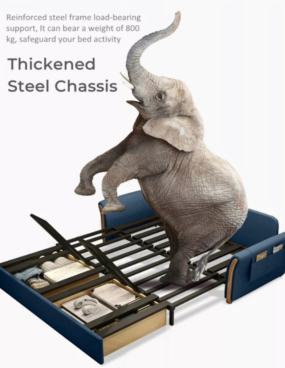 Unicorn Furniture Convertible Sofa Bed King Size Pull Out Sofabed with Storage in Cotton Fabric, Tool-Free Assembly, Modern Reclining Sleeper Couch for Living Room, Guest Room & Small Spaces (Blue)