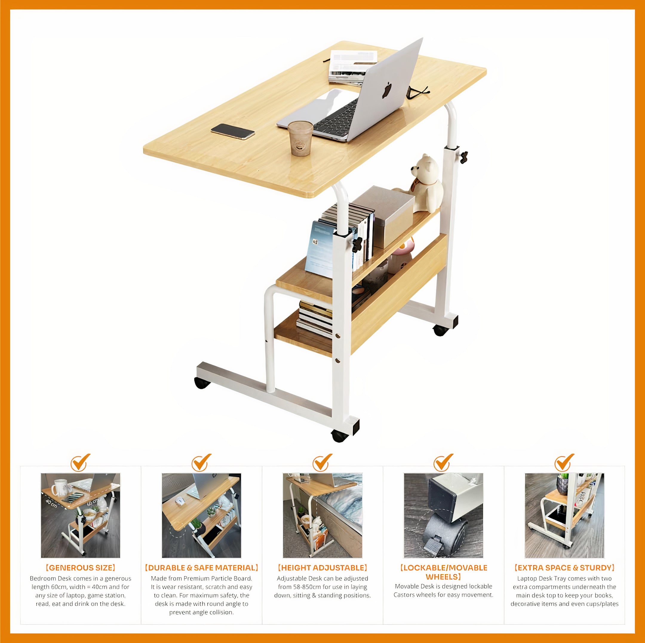 Bedside Desk Bedroom Desk Laptop Desk Tray Portable Computer Desk Height Adjustable 58-85cm Mobile Desk Laptop Workstation