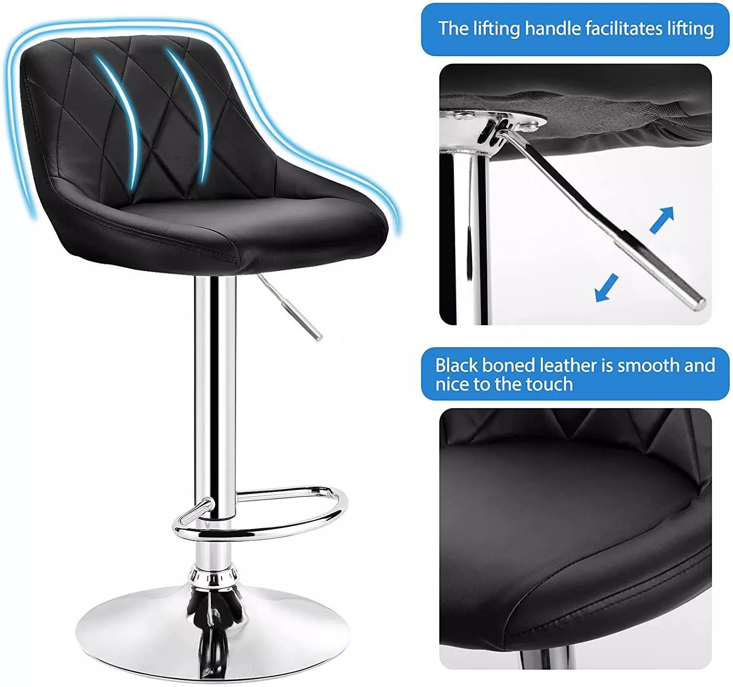 Leather Swivel Kitchen Bar Stool in Sturdy Polished Shining Chrome Footrest with height adjustable Barstool (Black)